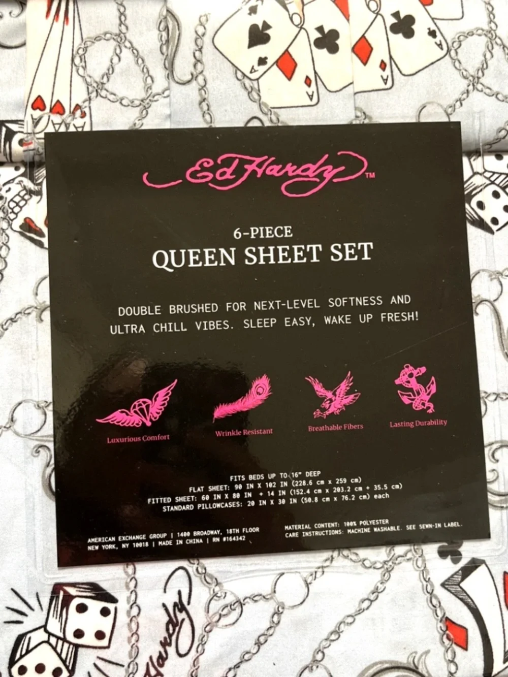 Ed Hardy Queen Sheet Set Skull Poker Cards Dice Blue 6pc Bedding NWT